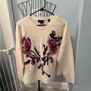 Ted Baker Cream Ivory Floral Knit long sleeve sweater Large L Wool Alpaca FLAW